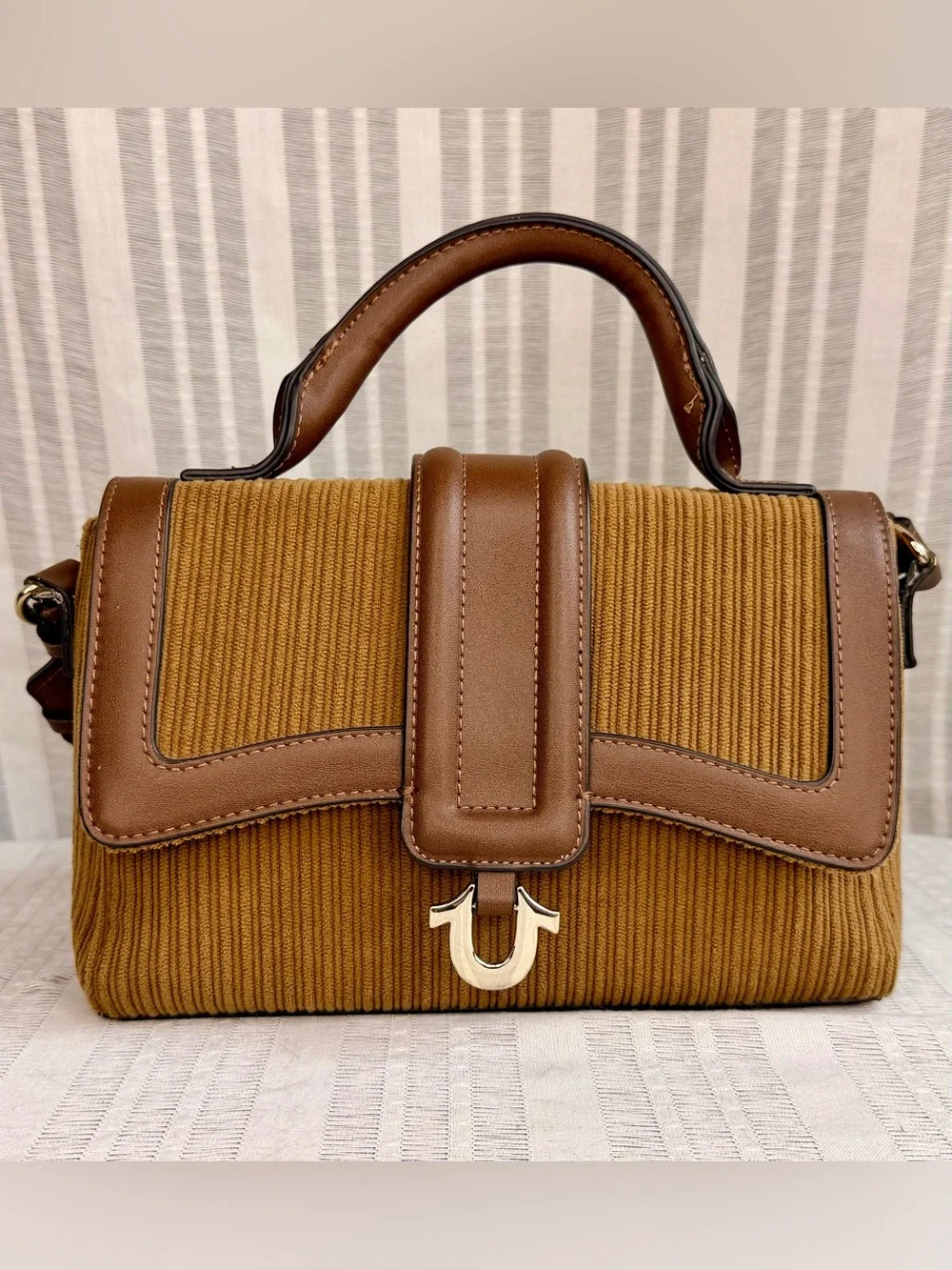 True Religion Brown Corduroy Horseshoe Flap Bag